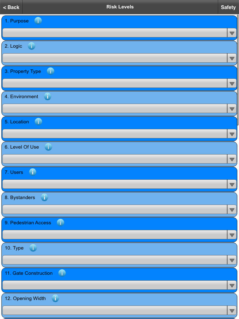 automated gate safety matrix app - installation evaluation page