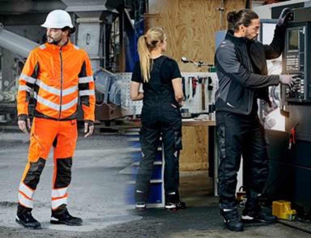 Engel Workwear’s High-Vis sustainable ‘Safety Super Stretch’ (left) & examples of Galaxy sustainable workwear  – both made with REPREVE regenerated polyester from recycled plastic bottles.